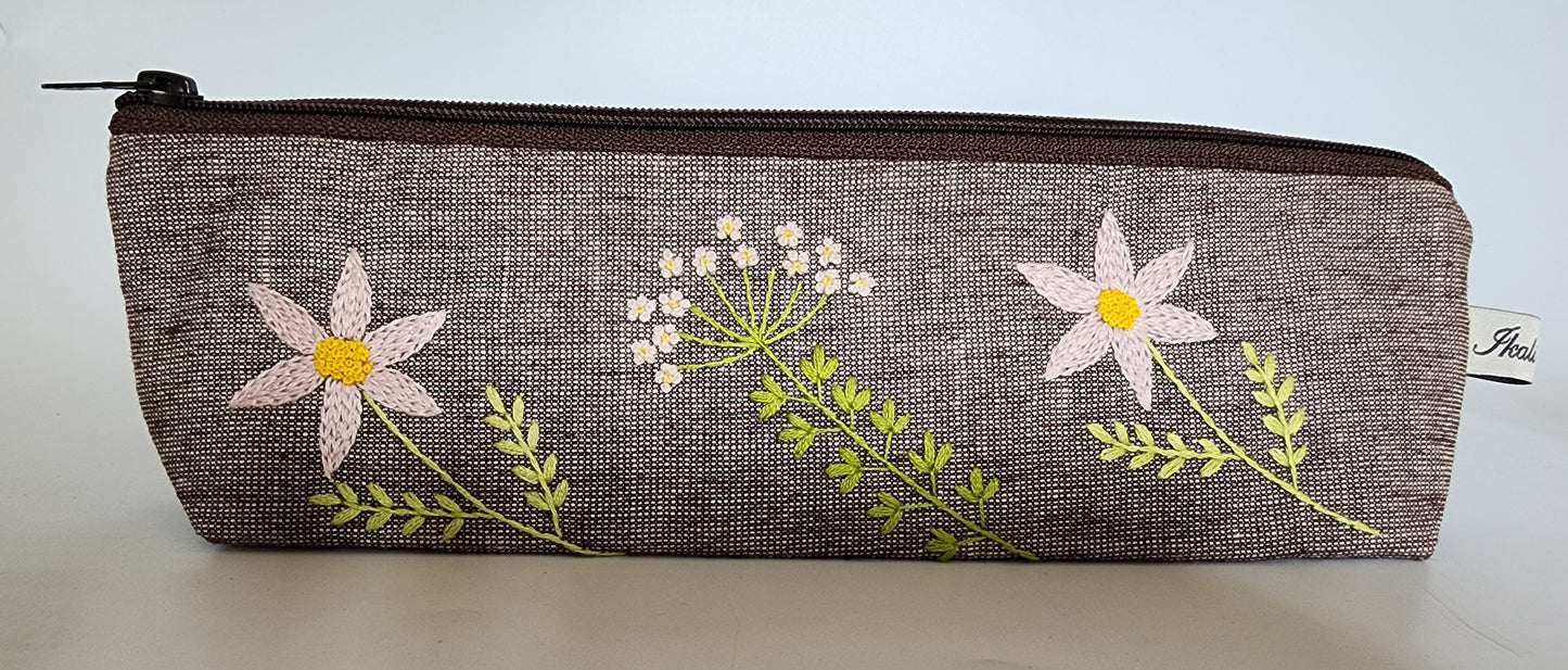 Pink Flowers - Hand-embroidered Multi-purpose Zip Pouch