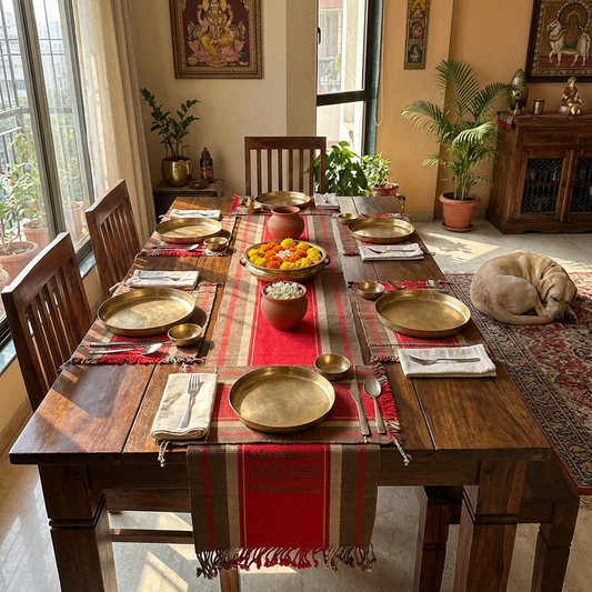 Chizami Weaves - Loin Loom Handwoven Table Set: Runner & 6 Table Mats in Red, Ecru, Brown