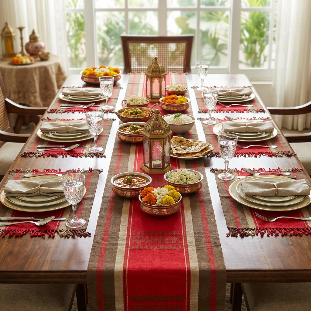 Chizami Weaves - Loin Loom Handwoven Table Set: Runner & 6 Table Mats in Red, Ecru, Brown