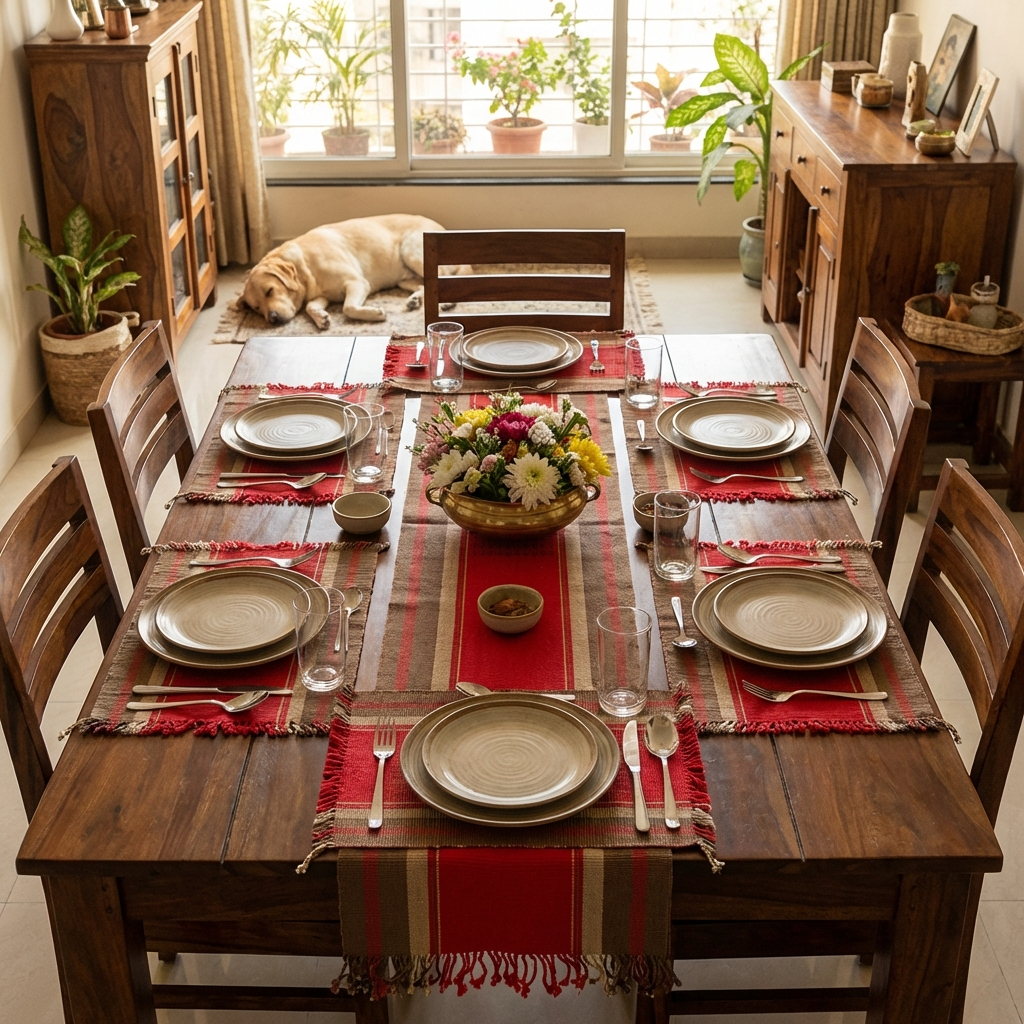 Chizami Weaves - Loin Loom Handwoven Table Set: Runner & 6 Table Mats in Red, Ecru, Brown