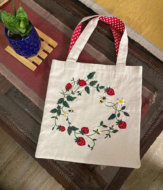 Strawberries - Hand-embroidered Tote