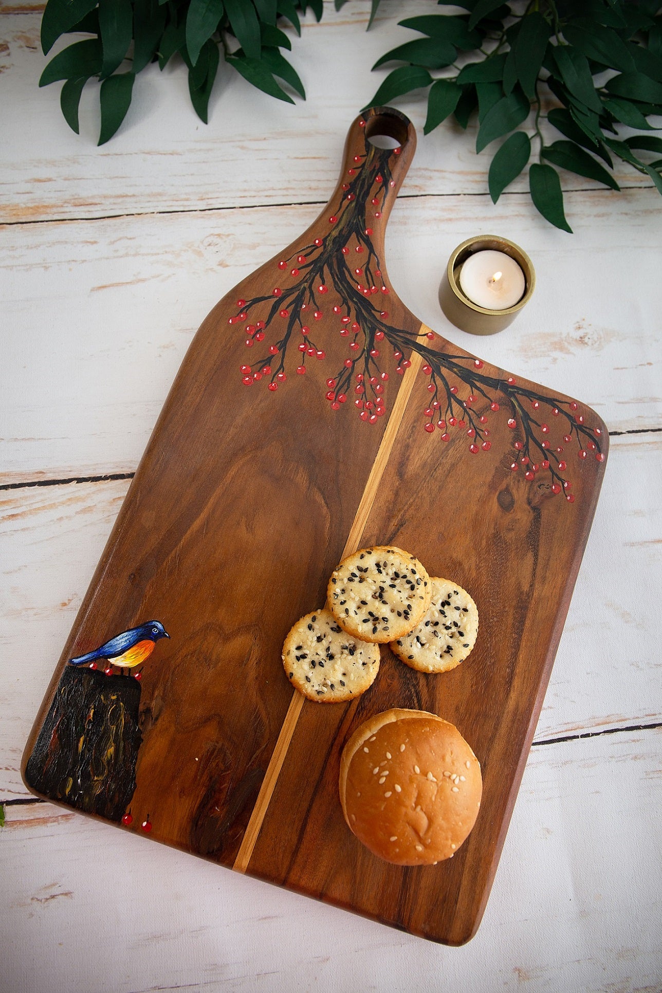 Nature Inspired Handpainted Large Teakwood Platter / Cheese Board with Handle