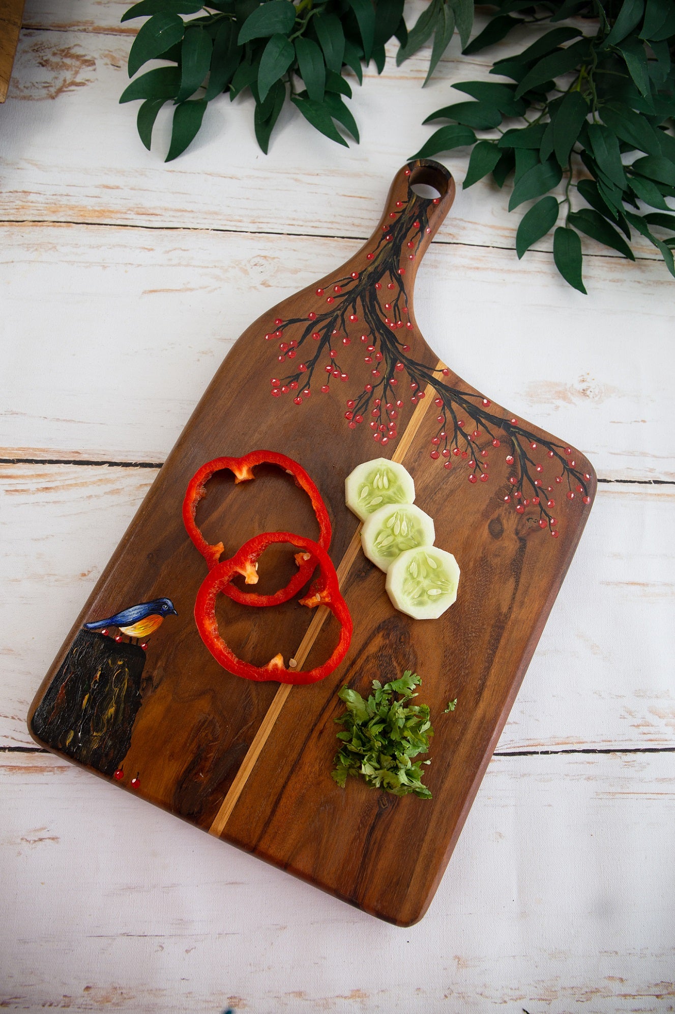 Nature Inspired Handpainted Large Teakwood Platter / Cheese Board with Handle