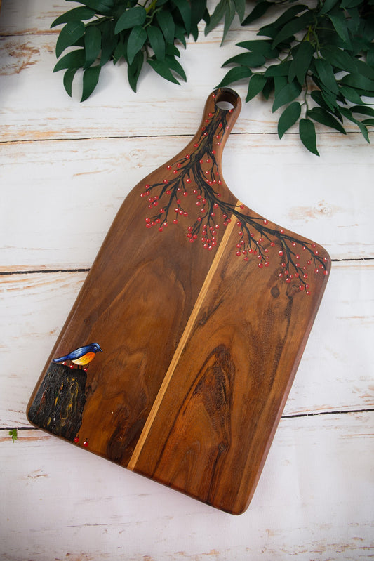 Nature Inspired Handpainted Large Teakwood Platter / Cheese Board with Handle