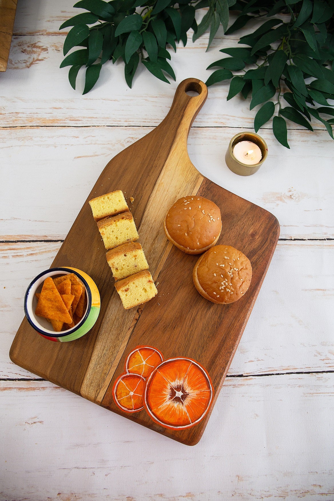 Handpainted Tangerines on Large Teakwood Platter / Cheese board with Handle
