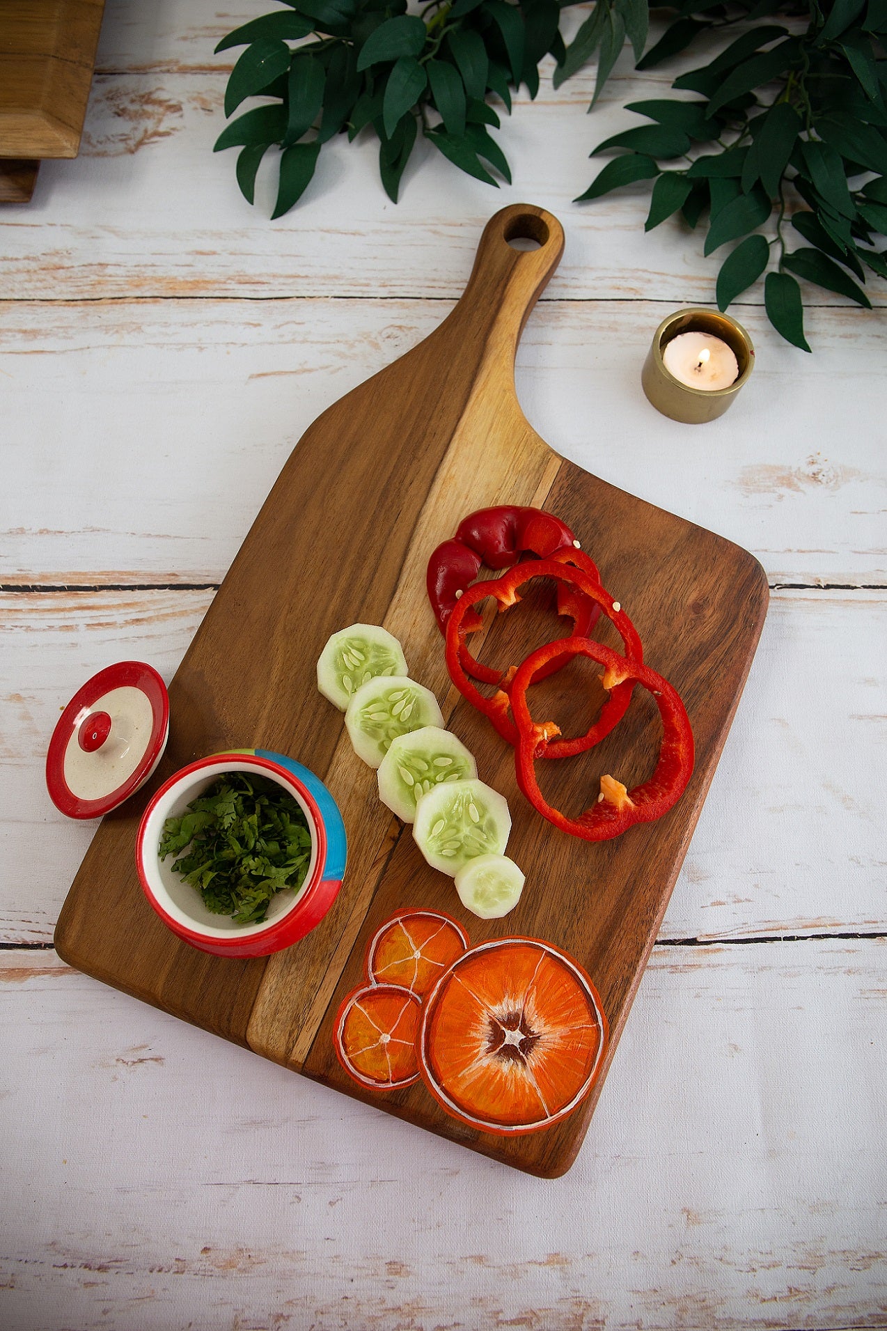 Handpainted Tangerines on Large Teakwood Platter / Cheese board with Handle