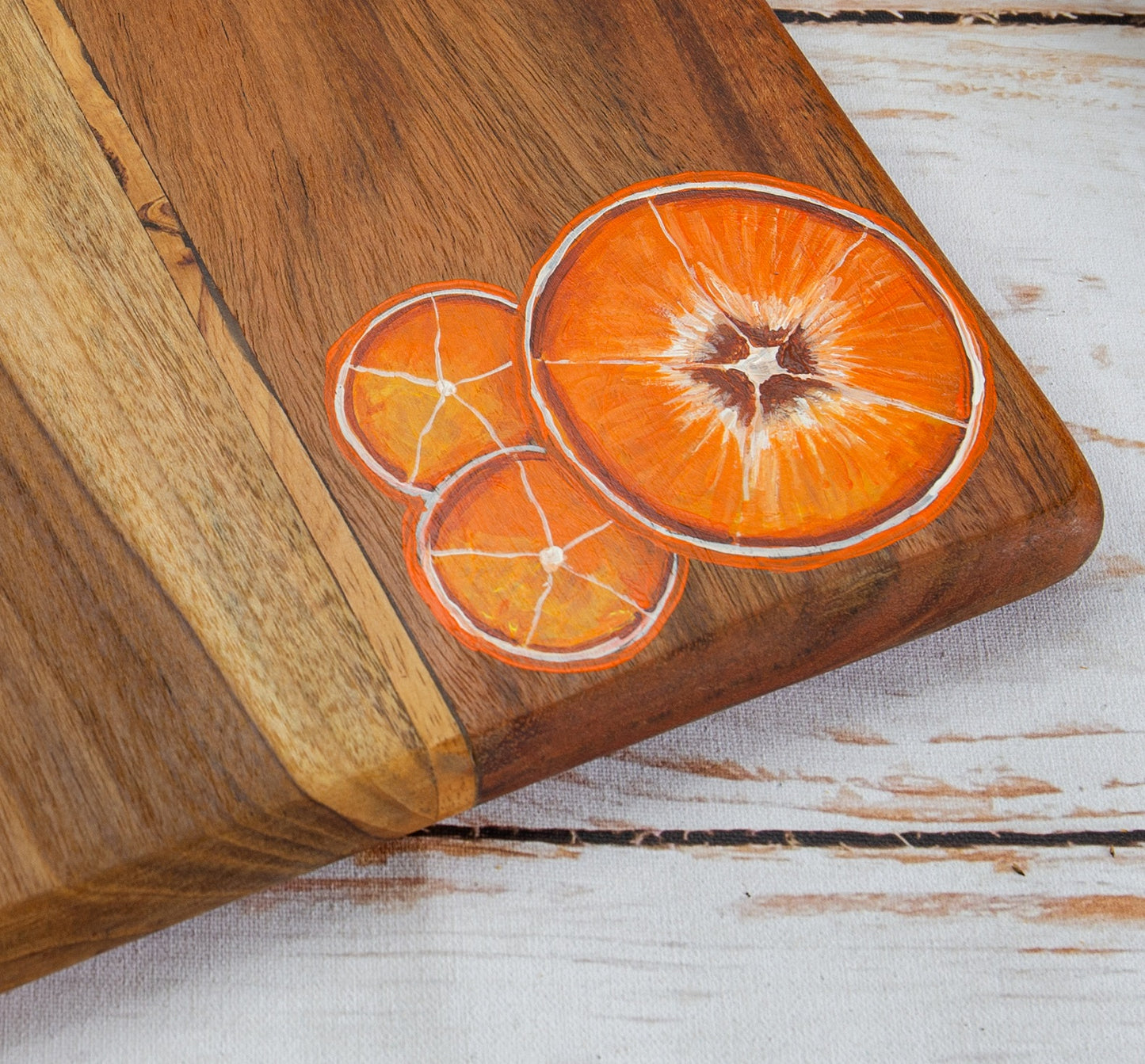 Handpainted Tangerines on Large Teakwood Platter / Cheese board with Handle