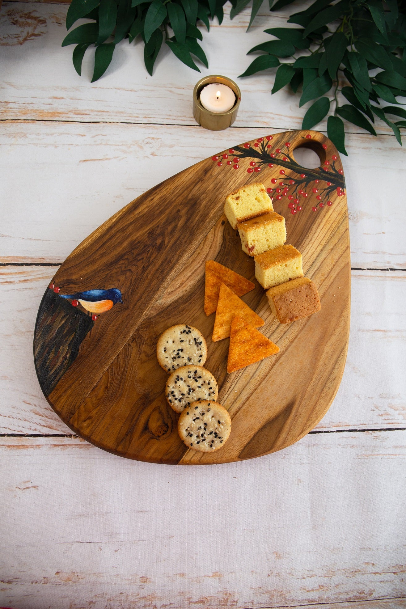 Nature Inspired Handpainted Egg-shaped Teakwood Platter / Cheese Board