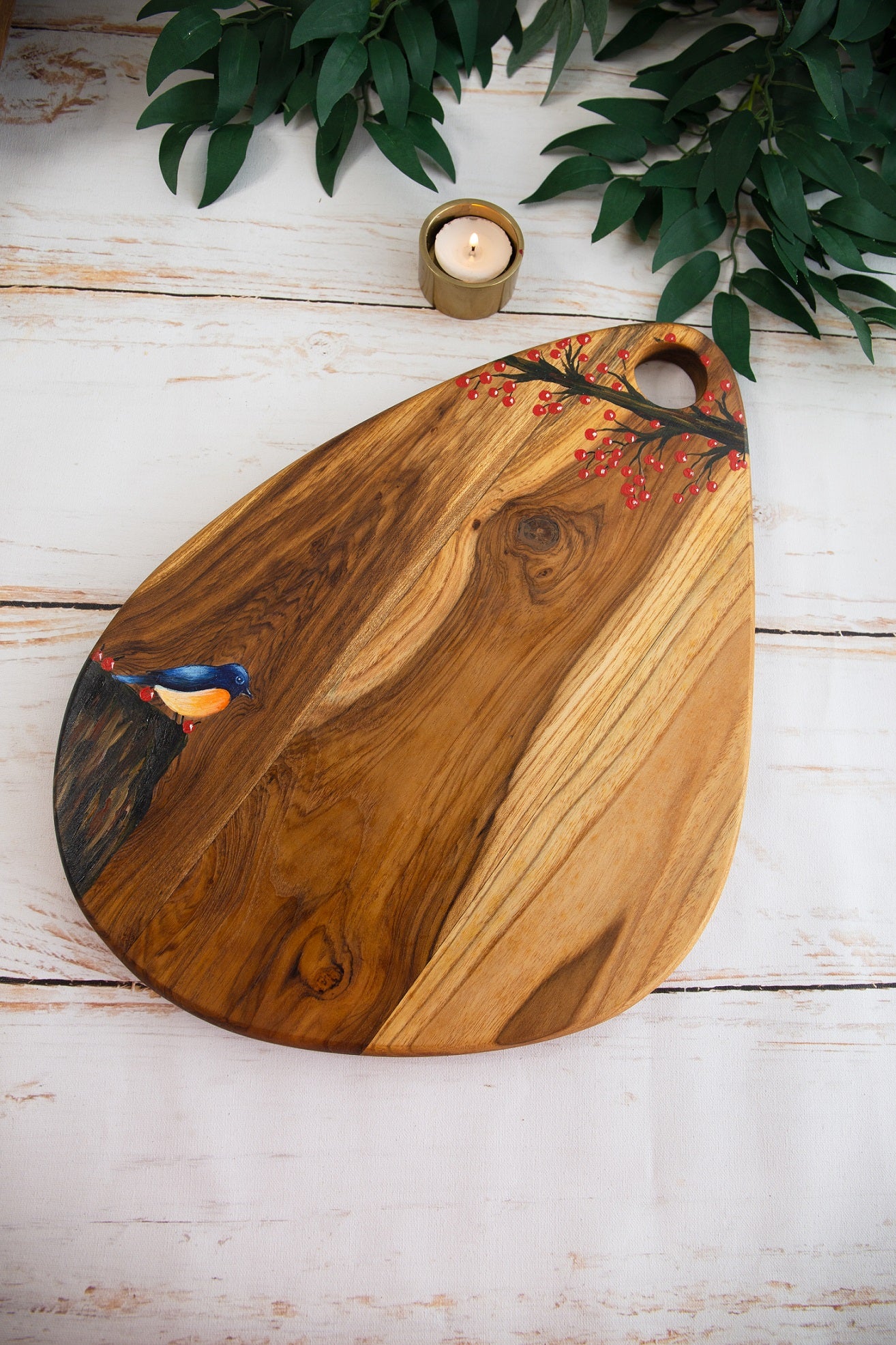 Nature Inspired Handpainted Egg-shaped Teakwood Platter / Cheese Board