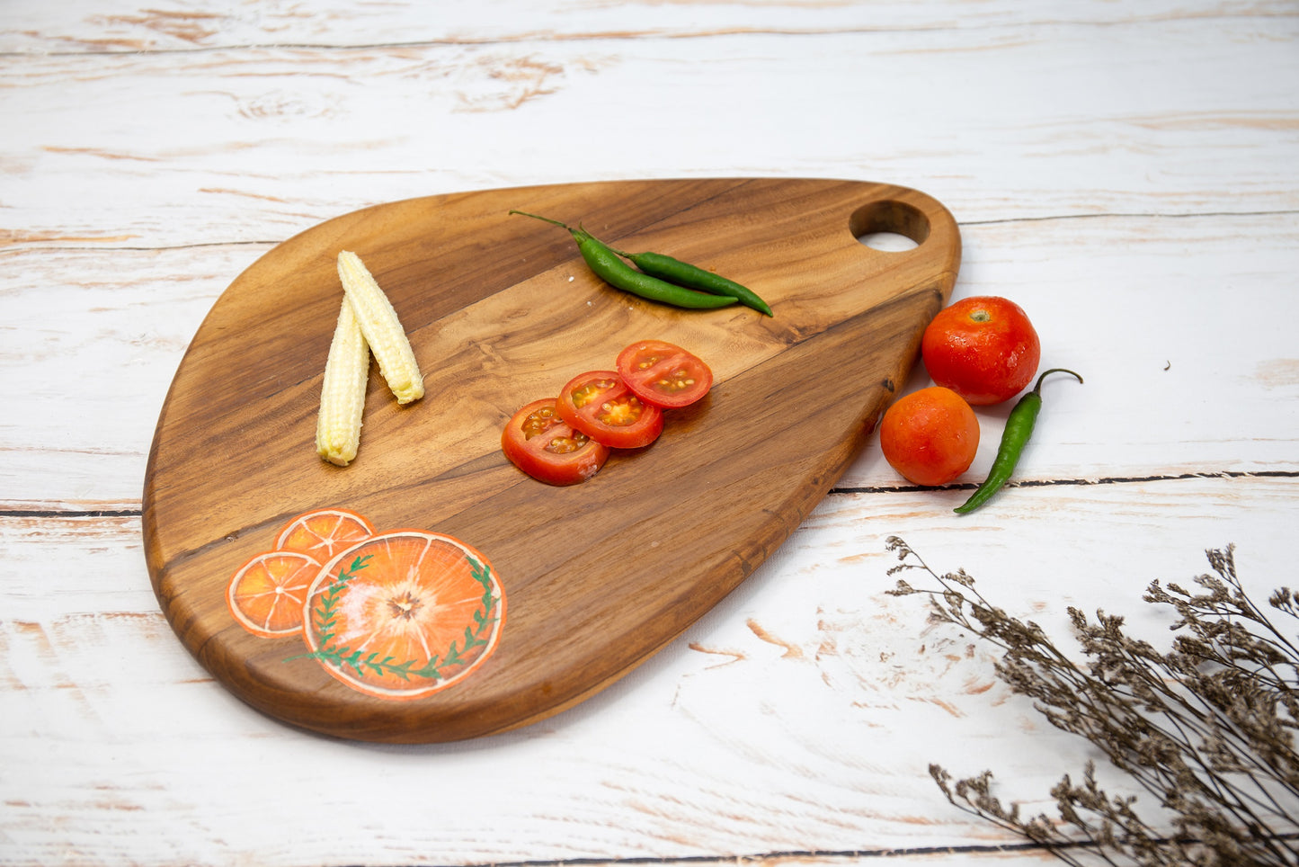 Handpainted Tangerine Egg shaped Teakwood Platter / Cheese Board