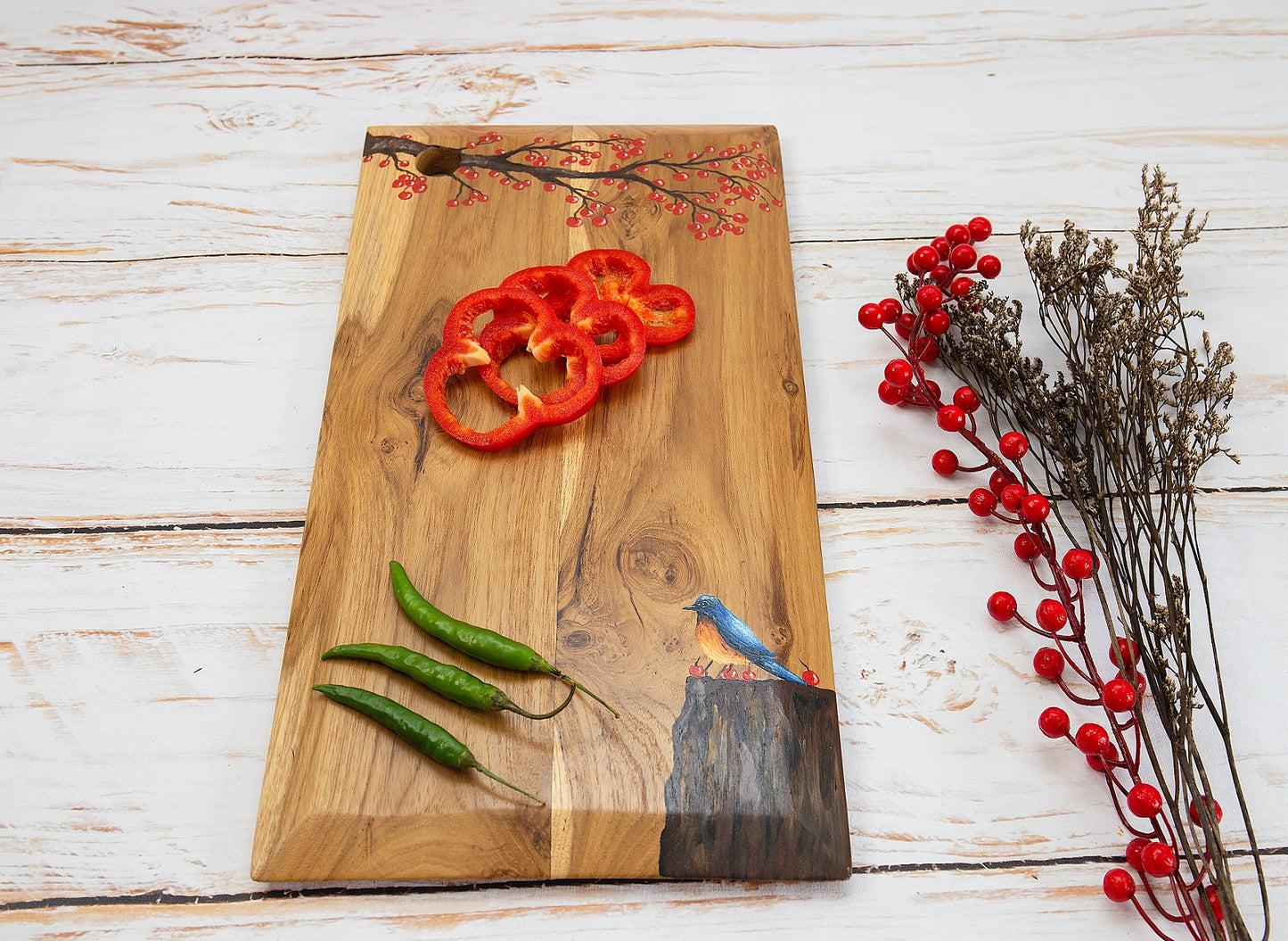 Nature Inspired Handpainted Long Teakwood Platter / Cheese Board