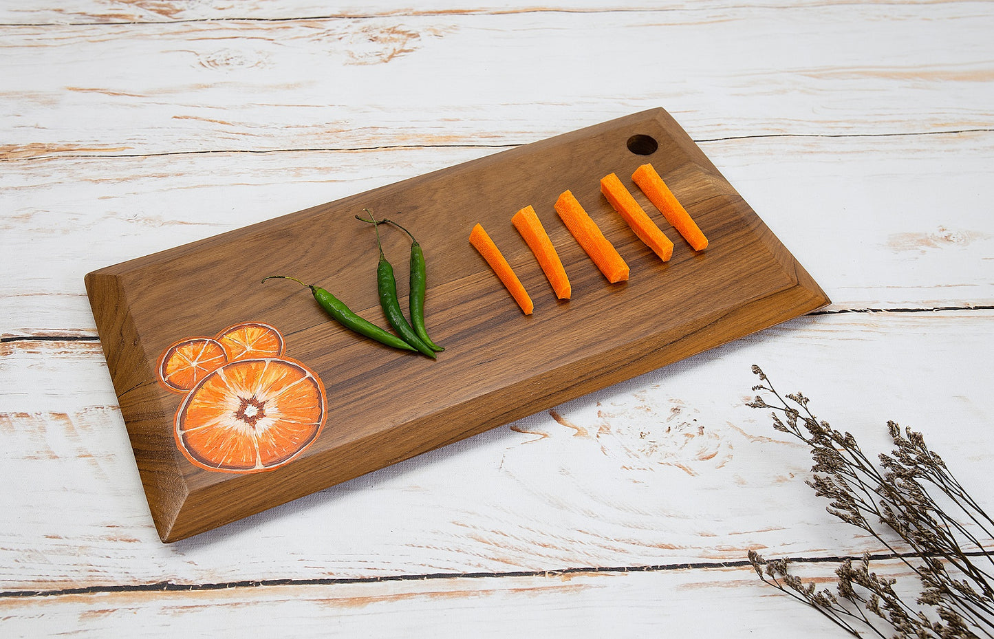 Tangerine Handpainted Long Teakwood Platter / Cheese Board