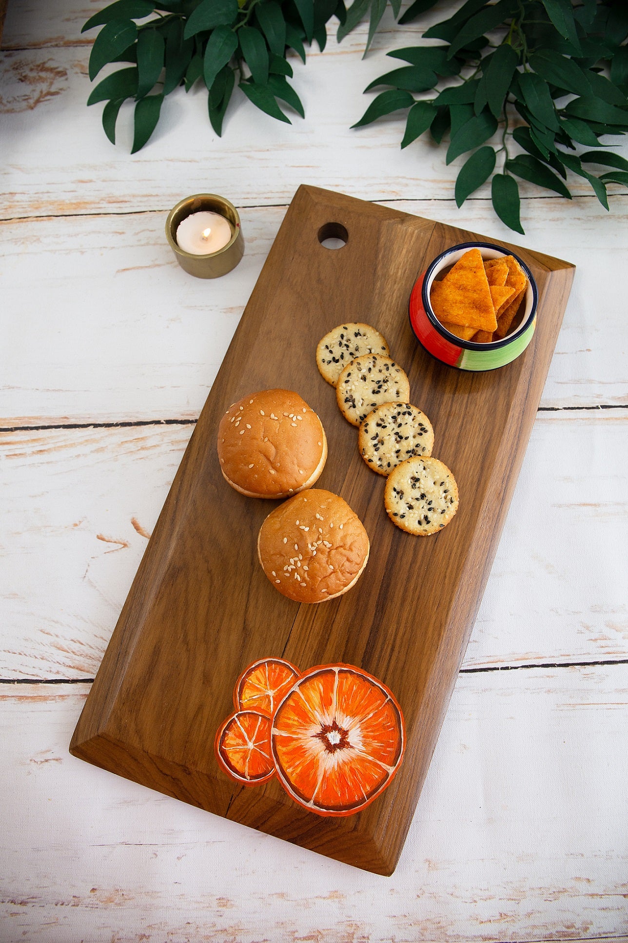 Tangerine Handpainted Long Teakwood Platter / Cheese Board