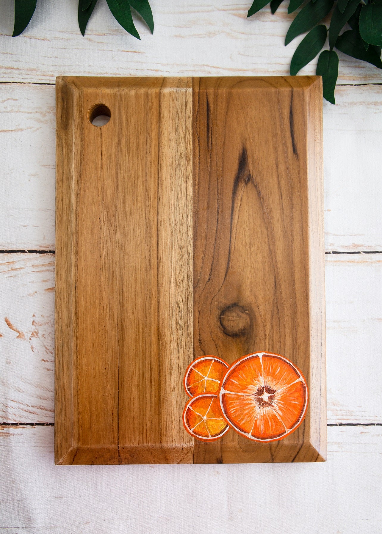 Handpainted Tangerines on Rectangular Teakwood Platter / Cheese board