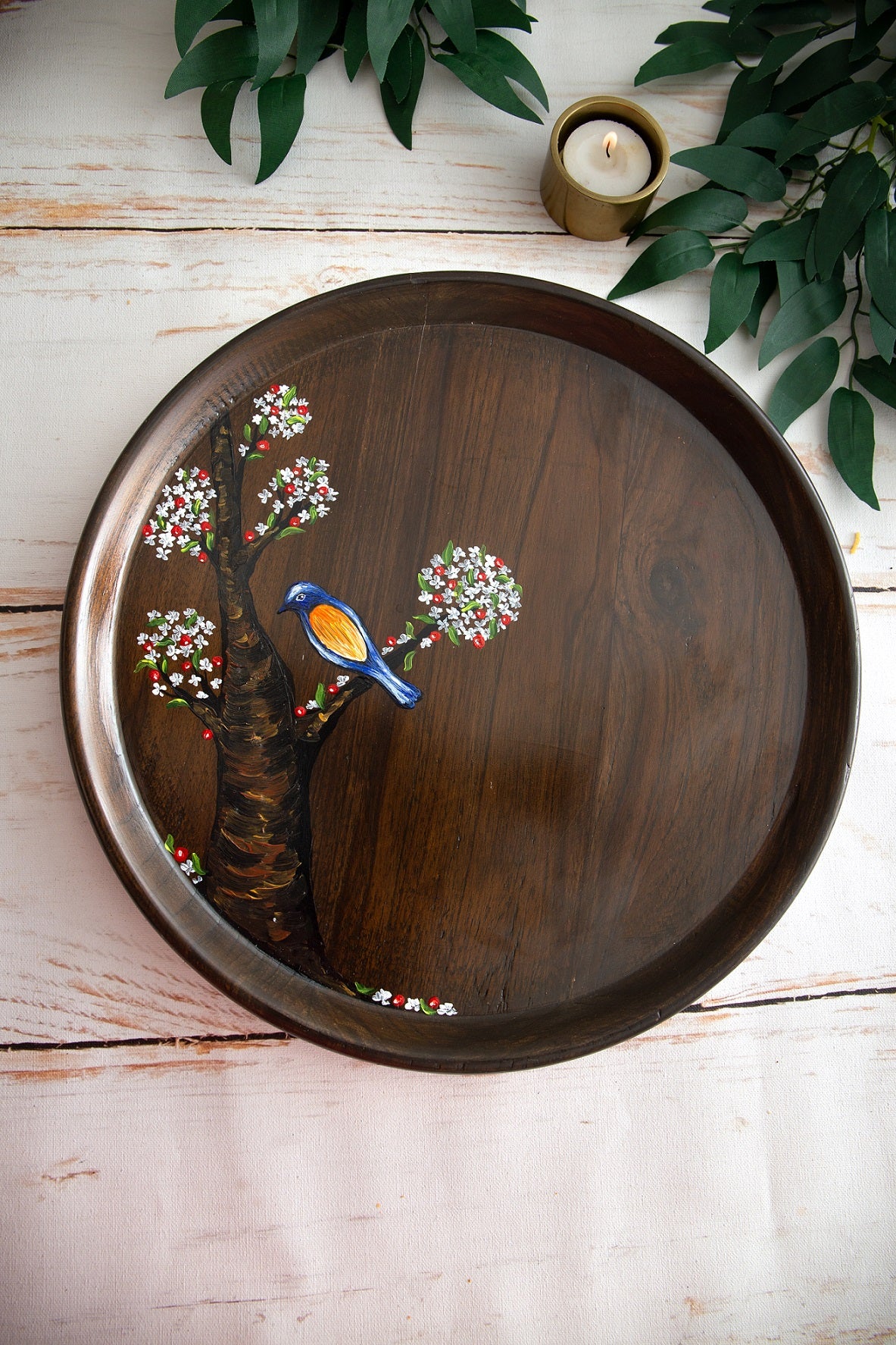 Nature Inspired Handpainted Round Teakwood Tray / Wall Plate