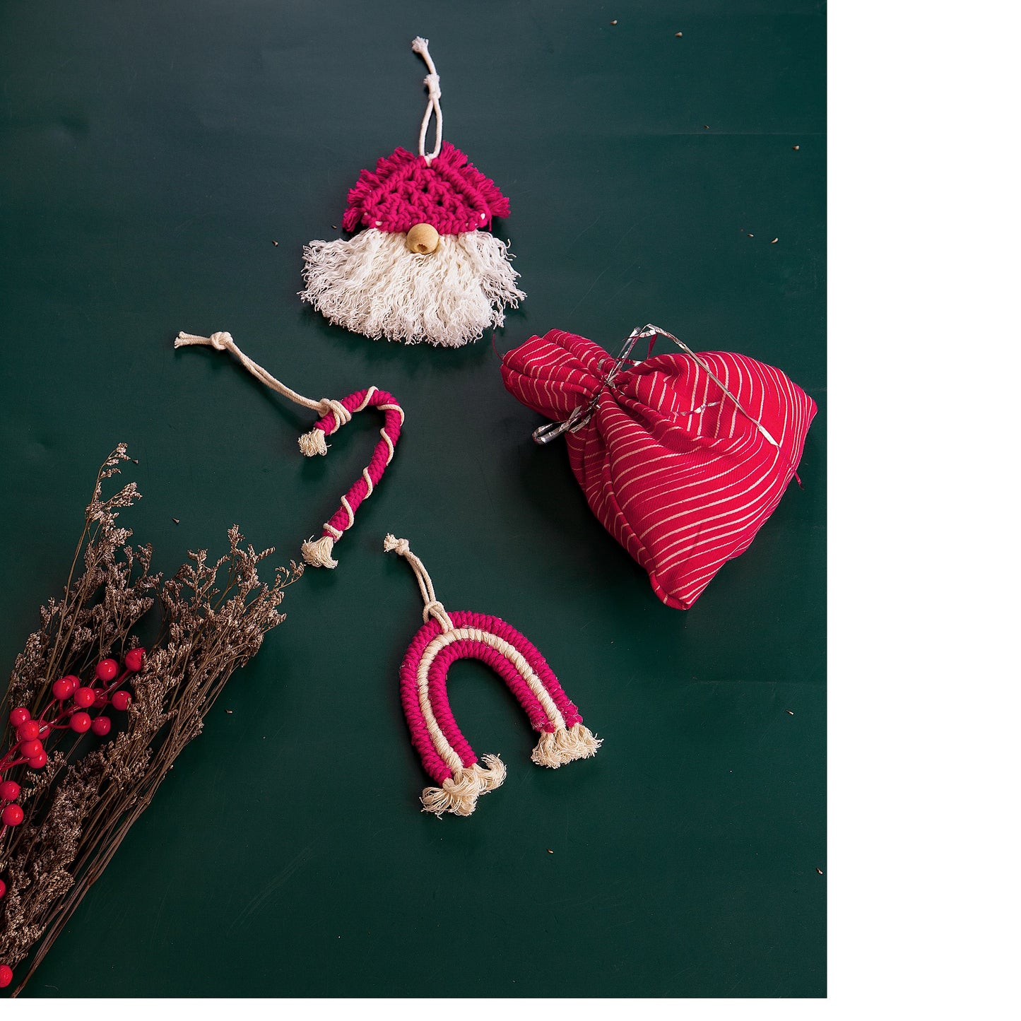 Christmas Tree Ornaments in Macrame - Set of 3 (in Red & White) with Gift Bag