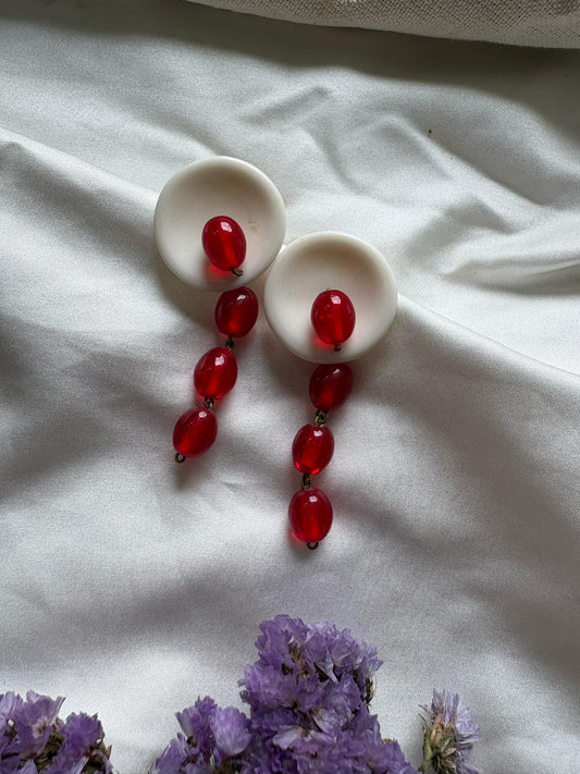 Tokhu Shell Cover Glass Bead Dangler Earrings- Red - Naga Jewellery