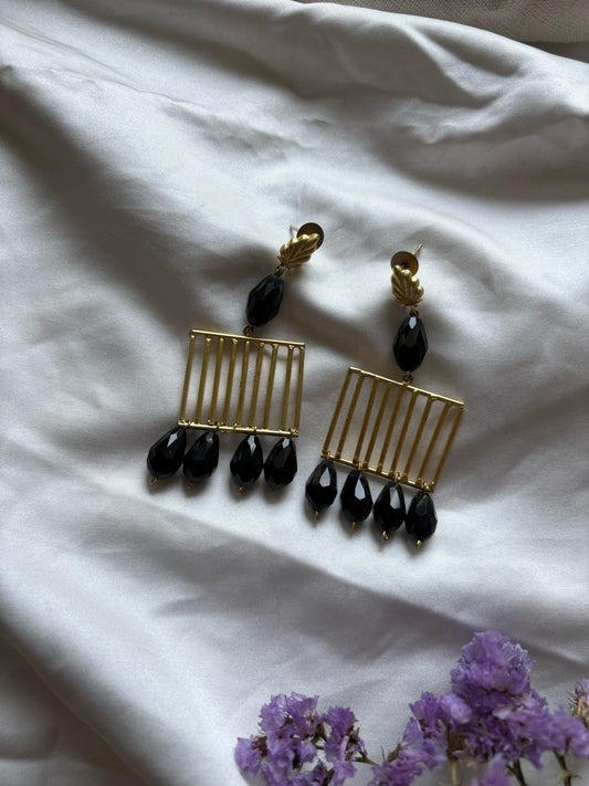 New Gold Brass and Black Crystal Bead Earrings - Naga Jewellery