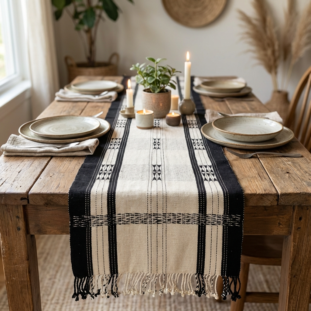 Chizami Weaves - Loin Loom Handwoven Table Runner in Ivory & Black