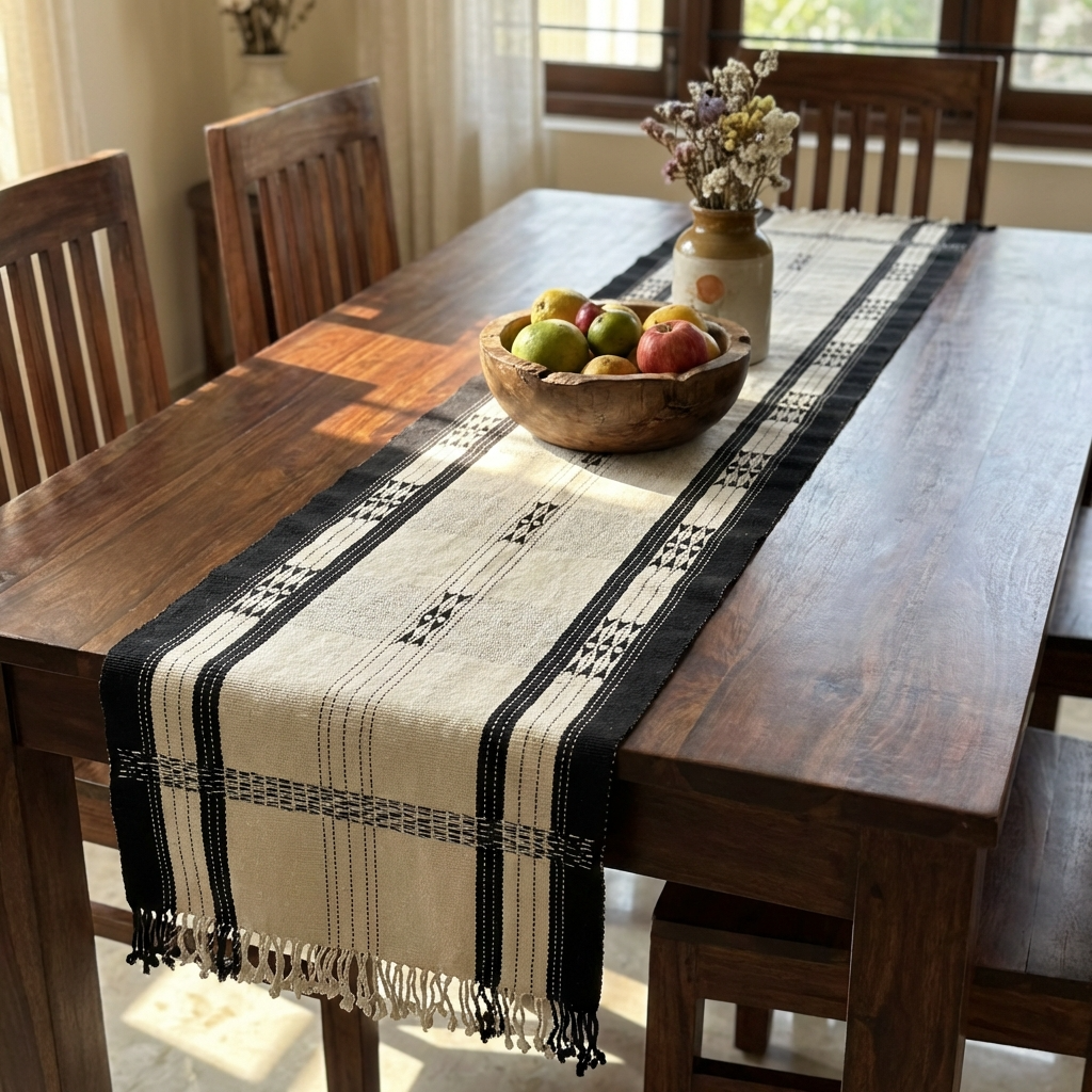 Chizami Weaves - Loin Loom Handwoven Table Runner in Ivory & Black