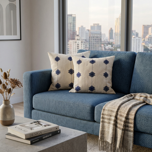 Chizami Weaves - Loin Loom Handwoven Cushion Cover in White & Blue