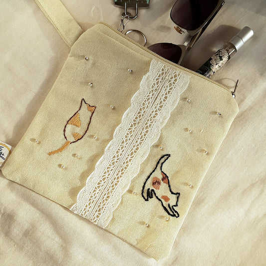 Studio VilaSita - Two Calicos - Hand-embroidered Utility Pouch