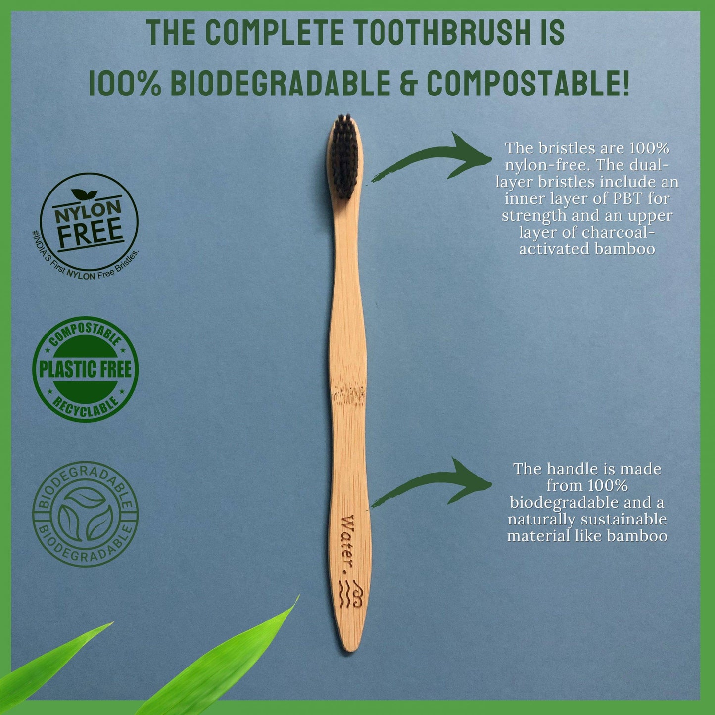 100% Biodegradable & Compostable Bamboo Toothbrush with Soft Charcoal-activated Bristles