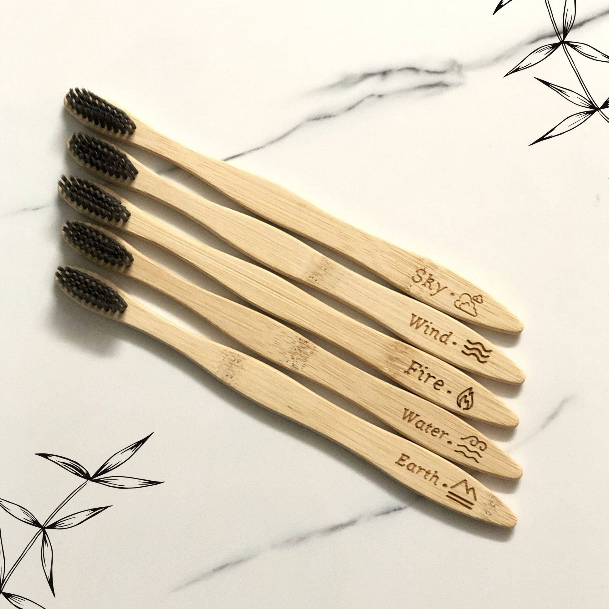 100% Biodegradable Bamboo Toothbrush with Soft Charcoal-activated Bristles (Set of 5) - For Adults