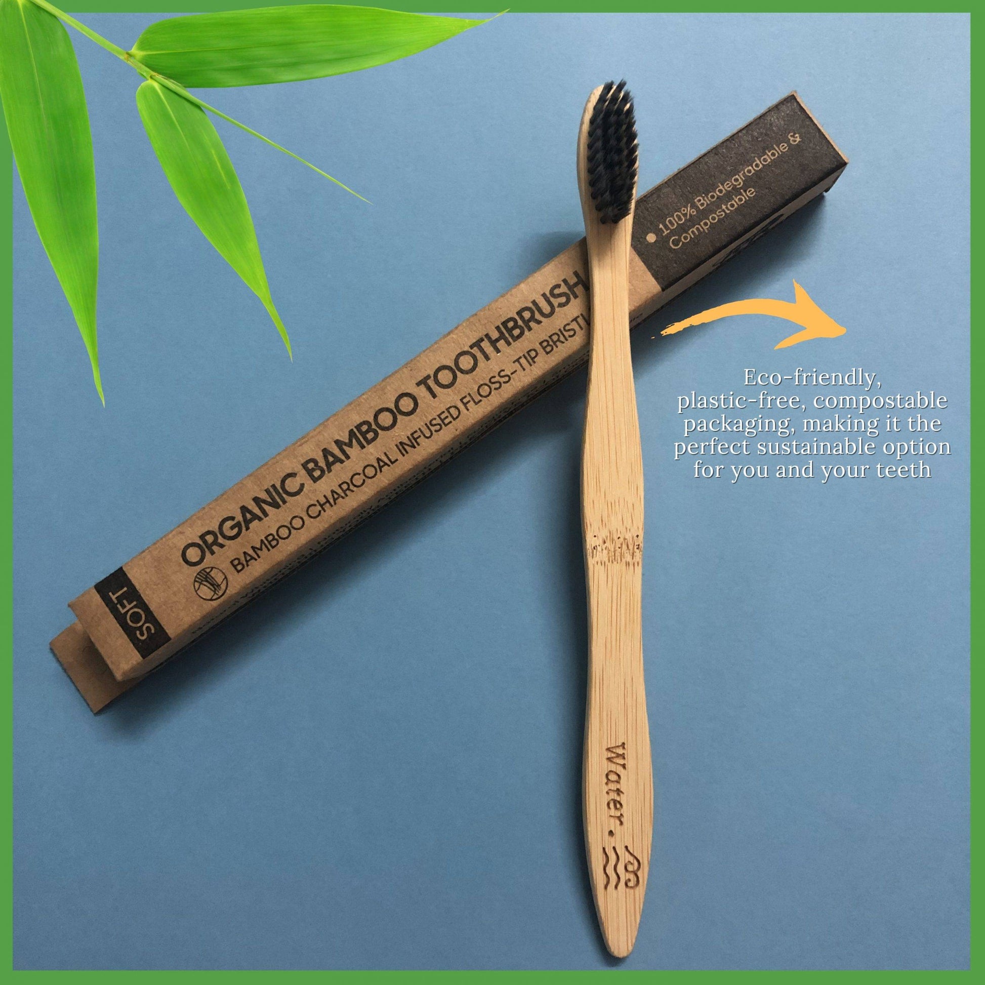 Eco-friendly, Plastic-free, Compostable packaging of our 100% Biodegradable Bamboo Toothbrush with Soft Charcoal-activated Bristles