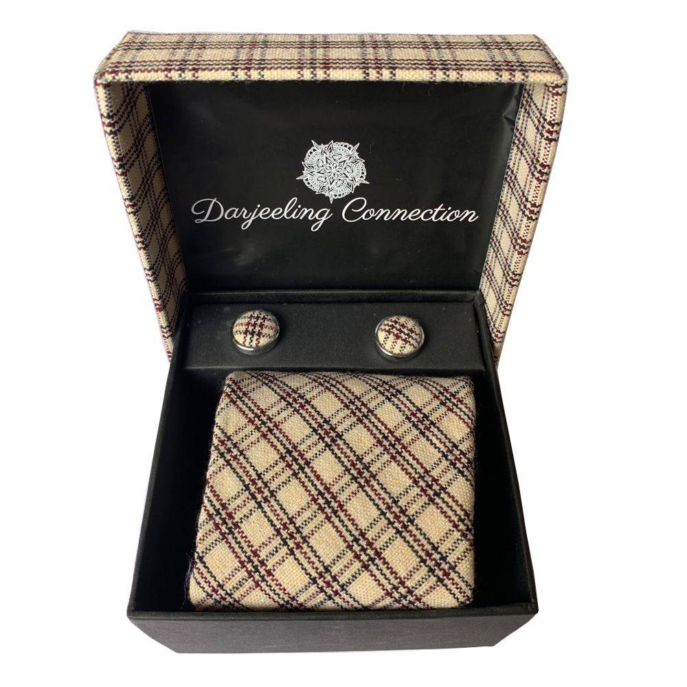 Himalayan Knot - Bhutanese Speckled Checks Tie and Cufflinks. Unique and handmade. In Gift Box