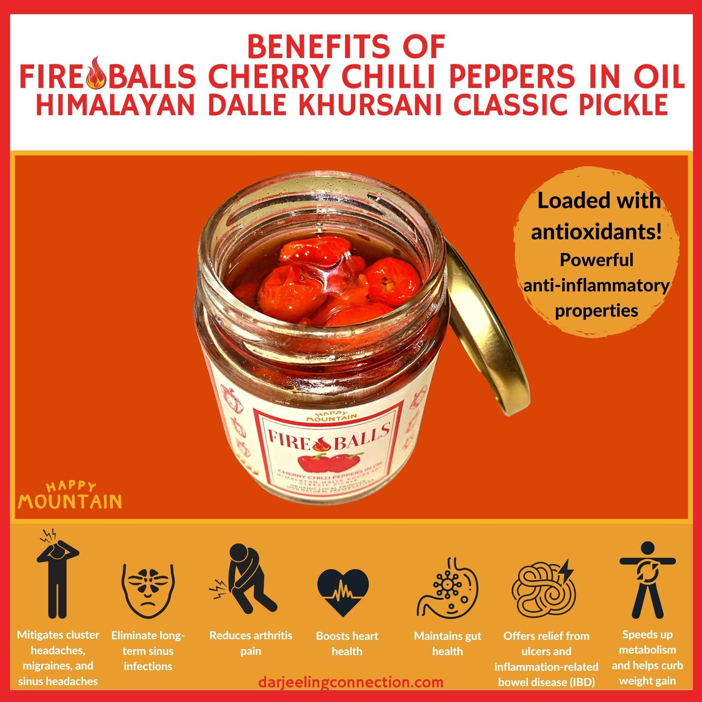 Benefits of Fireballs - Cherry Chilli Peppers (Dalle) in Oil - Happy Mountain
