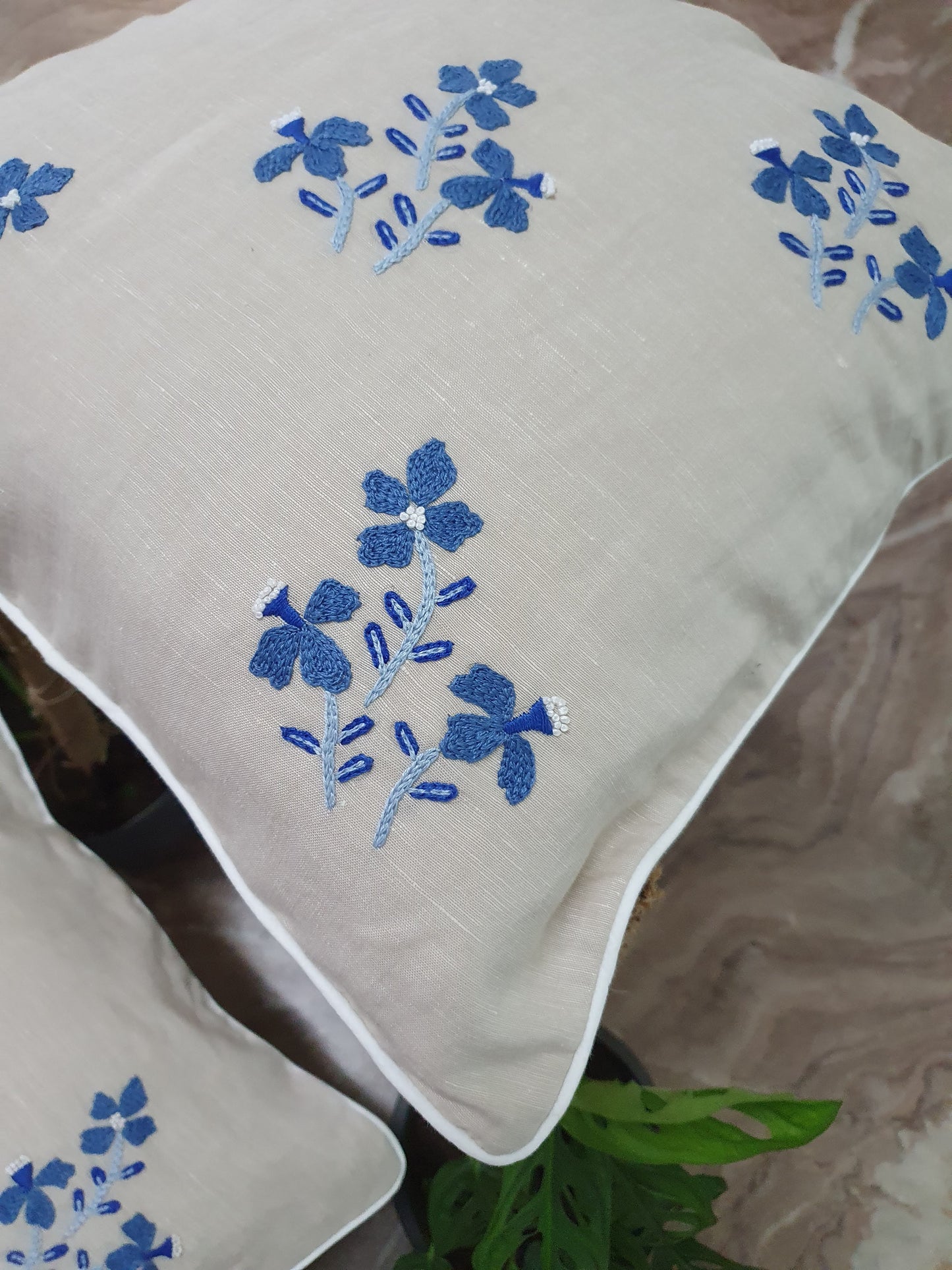 Ikali – Blue Bells - Hand-embroidered Cushion Cover Set (Set of 2)