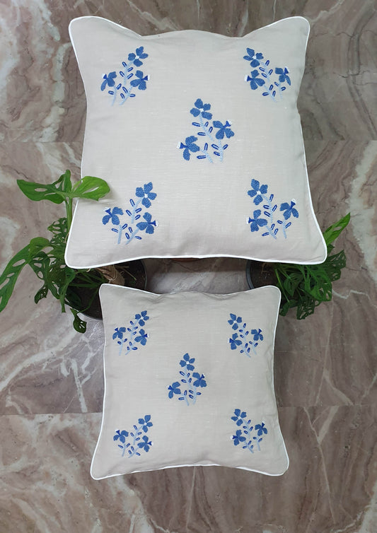 Ikali – Blue Bells - Hand-embroidered Cushion Cover Set (Set of 2)