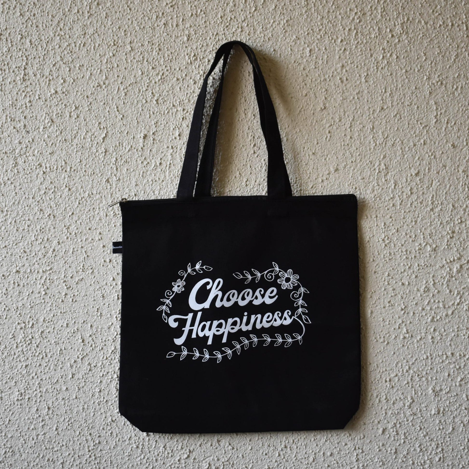 Choose Happiness black canvas tote