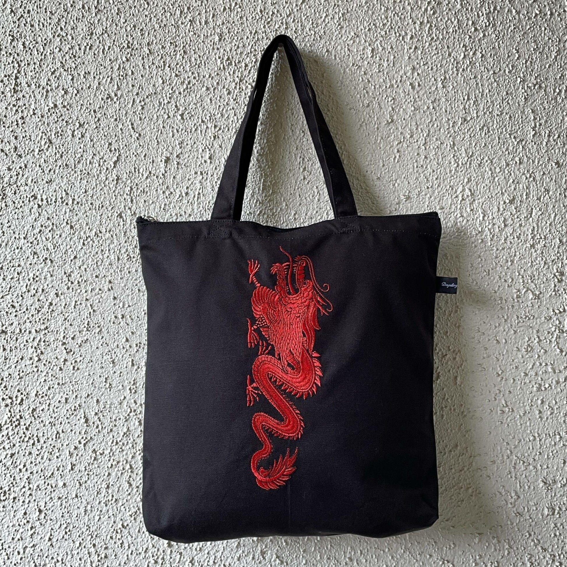 Red Dragon Embroidered Canvas Tote