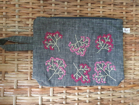Ikali - Pink Blooms - Hand-embroidered Utility Pouch