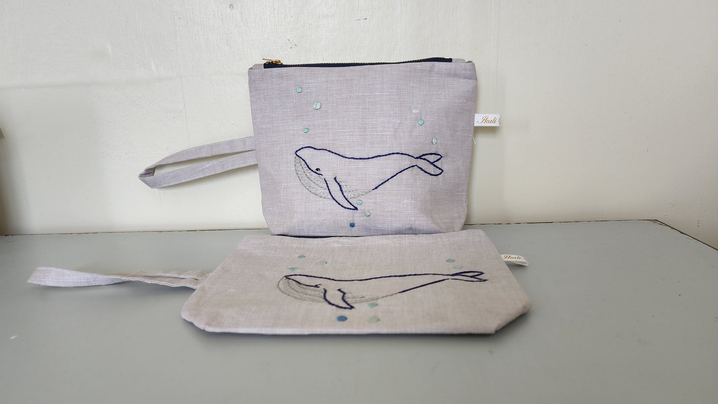 Ikali - Whale - Hand-embroidered Utility Pouch